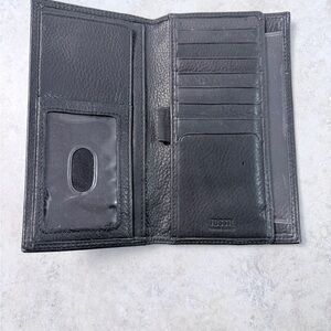 Fossil Men’s Black Genuine Leather Trifold Wallet ID Window Long Bifold Style